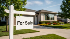 buying a home guide For Sale sign in front of a well-maintained suburban home in a desirable neighborhood