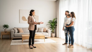 buying a home guide real estate agent showing a modern home to clients during a property tour