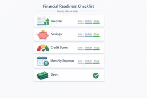 buying a home guide financial readiness checklist infographic with income savings credit score expenses and debt